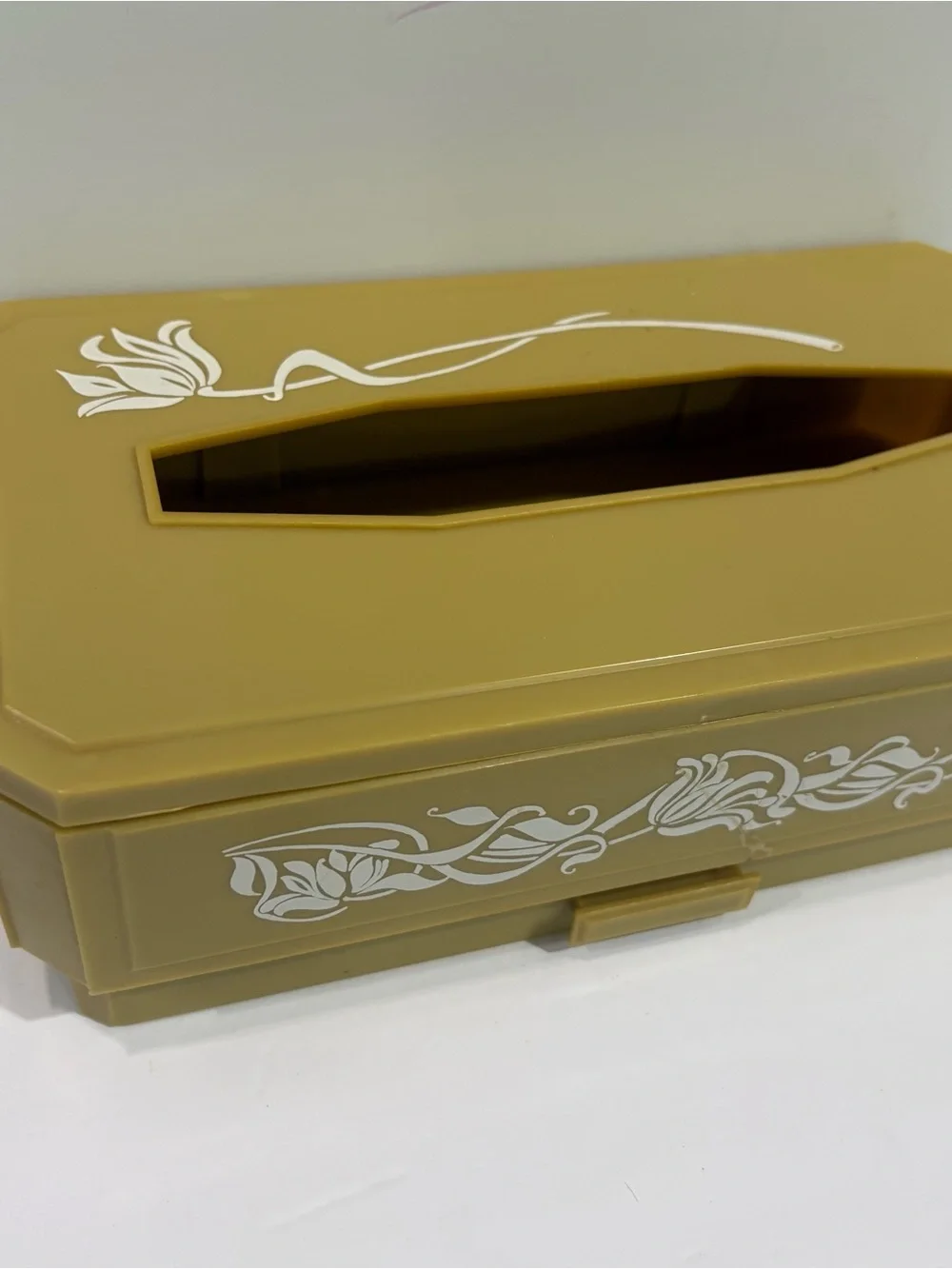 Vintage MCM Yellow Plastic Tissue Box Cover White Flowers With Drawer 70s Retro